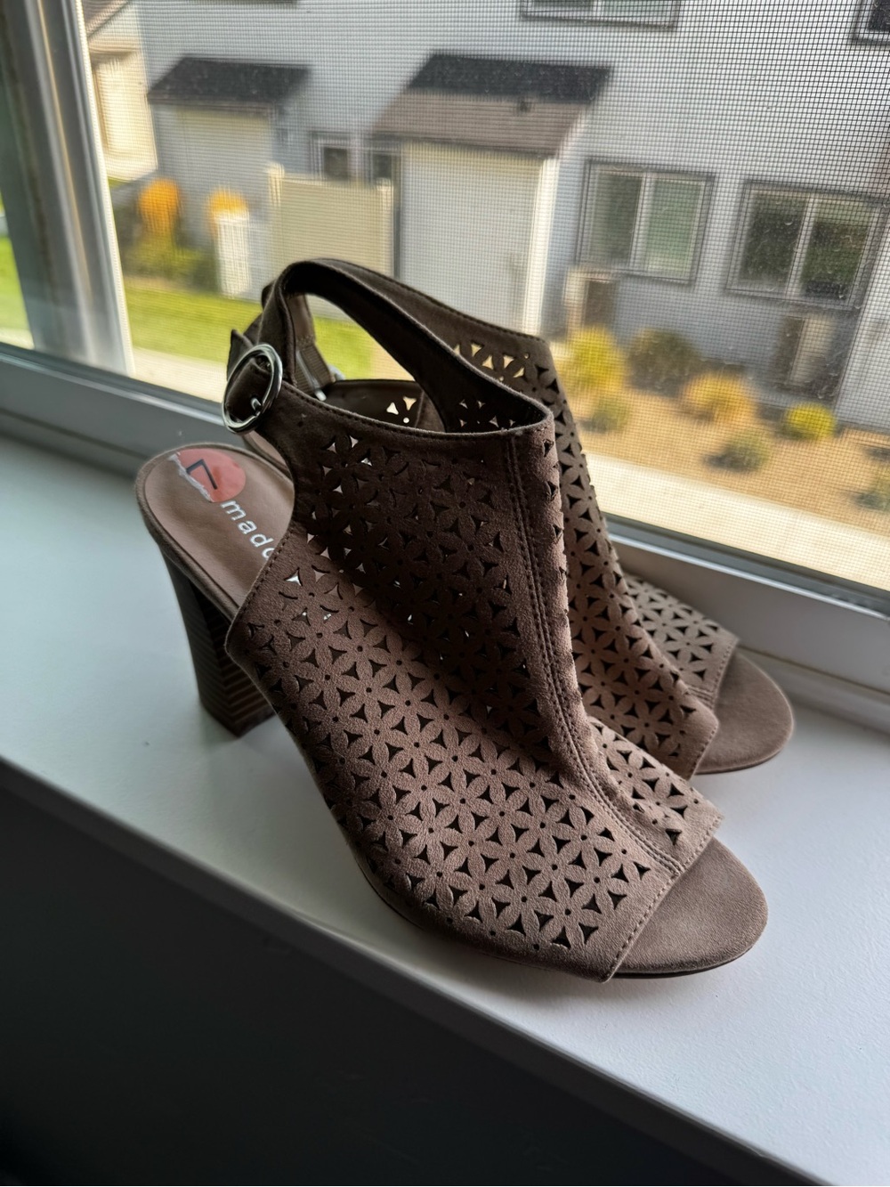 Madden Girl Brown Laser-Cut Peep-Toe Slingback Heels - Picture 1 of 2